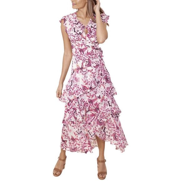Hale Bob Dresses & Skirts - Hale Bob Raspberry Floral Cap Sleeve Ruffle Wrap Dress Women's Size Small
